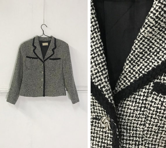 Vintage 90s Wool Blend Cropped Blazer, Check Print Jacket Size Small