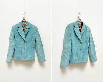Vintage Aqua Blue Suede Leather Blazer: Fitted Y2K Jacket (Size S/M)