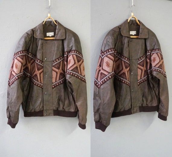 Vintage 90s Leather Jacket Mens Brown Leather Knit