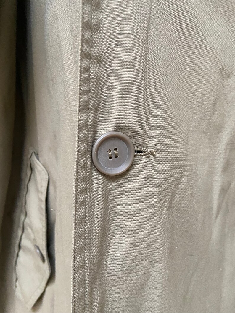 May include: A close-up of a brown button on a khaki jacket. The button has two holes.