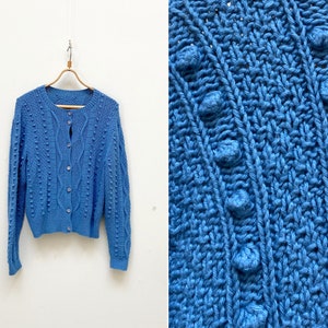 Vintage 90s Blue Knitted Cardigan Women Blue Cardigan Knitted Blue Sweater Blue Embroidered Cardigan 90s Handmade Cardigan L Women Jacket L