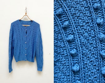 Vintage 90s Blue Knitted Cardigan Women Blue Cardigan Knitted Blue Sweater Blue Embroidered Cardigan 90s Handmade Cardigan L Women Jacket L