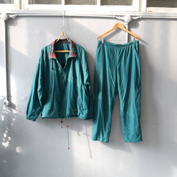 Vintage 80s Tracksuit Mens L Green Tartan Tracksuit Womens L Sports Jacket Sweatpants Set Green Windbreaker Green Two Piece Tracksuit L