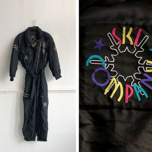 Vintage 80s Ski Suit One Piece Ski Suit Womens L Snow Suit Retro Ski Wear Black Gold Ski Suit Black Snowboard Ski Coveralls Black Ski Suit L