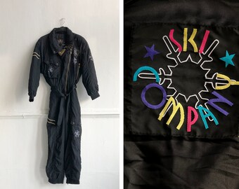Vintage 80s Black & Gold One Piece Ski Suit, Womens L