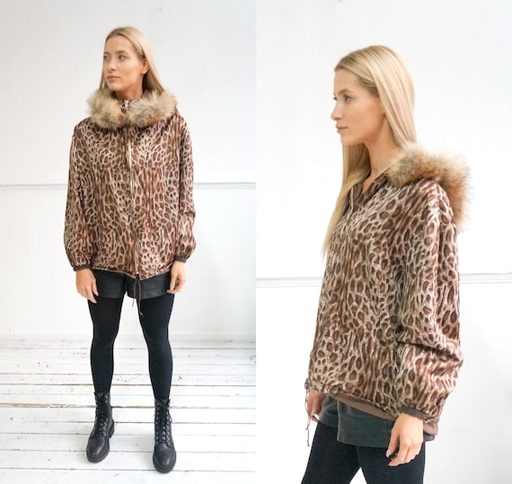 Vintage 90s Leopard Jacket Fur Hood Jacket Animal… - image 1