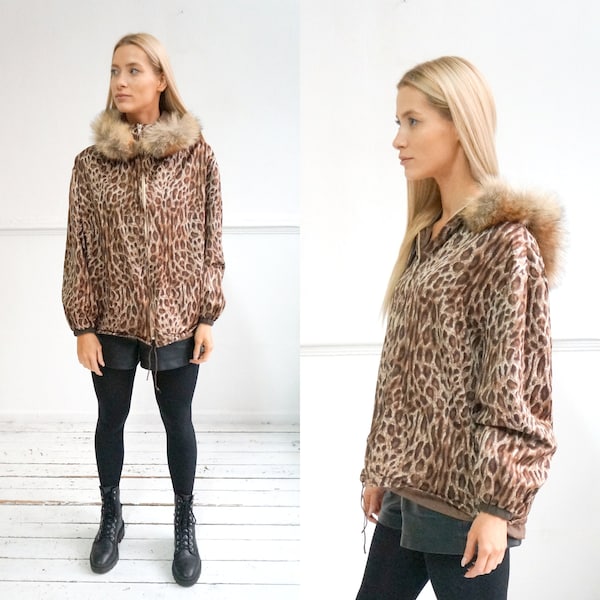 vintage 90s Leopard Jacket Fur Hood Veste Imprimé Animal Veste Femme M L Leopard Windbreaker Leopard Print Jacket Femmes Leopard Parka