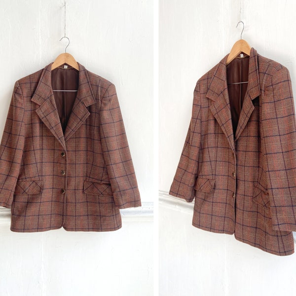 Vintage 90er Jahre Wolle Tartan Blazer überprüft Blazer Womens L Plaid Jacke braun karierten Blazer Check Print Oversize Blazer Wolle braun Blazer M L