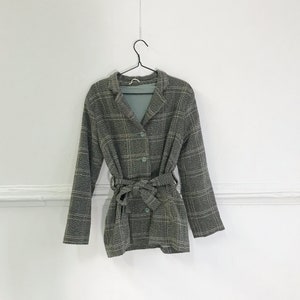 Vintage Plaid Coat Checked Jacket Womens M Trench Coat M Medium Jacket Belted Short Coat Patterned 90s Coat Warm Smart Jacket Womens Coat M image 2