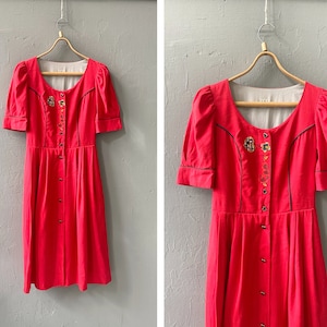 Vintage 90s Dirndl Dress M Red Trachten Dress Red Puff Sleeve Dress Red Floral Dress Short Sleeve Button Up Dress Folk Dress Bavarian Dress