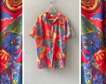 Blusa floral vintage de los 90: Top veraniego transparente y colorido, hecho en Italia