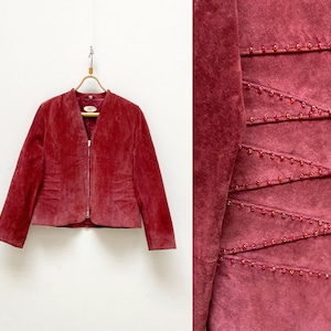 Vintage 90s Bordo Leather Jacket Women Leather Jacket M Bordo Suede Jacket Red Suede Jacket Red Leather Jacket Bead Embroidery Jacket Medium