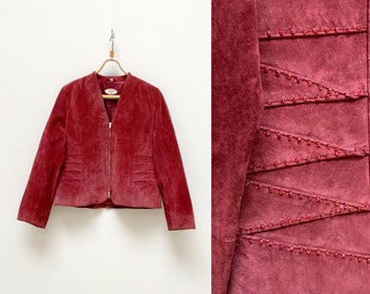 Vintage 90s Bordo Suede Leather Jacket: Beaded Embroidery, Size M