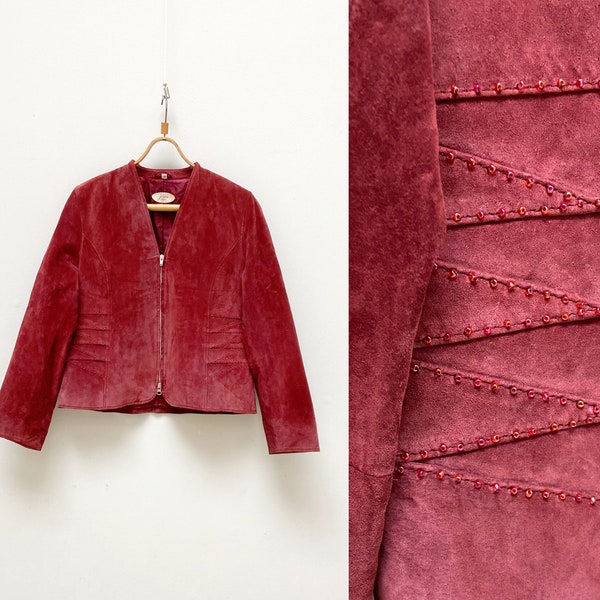 Vintage 90s Bordo Leather Jacket Women Leather Jacket M Bordo Suede Jacket Red Suede Jacket Red Leather Jacket Bead Embroidery Jacket Medium