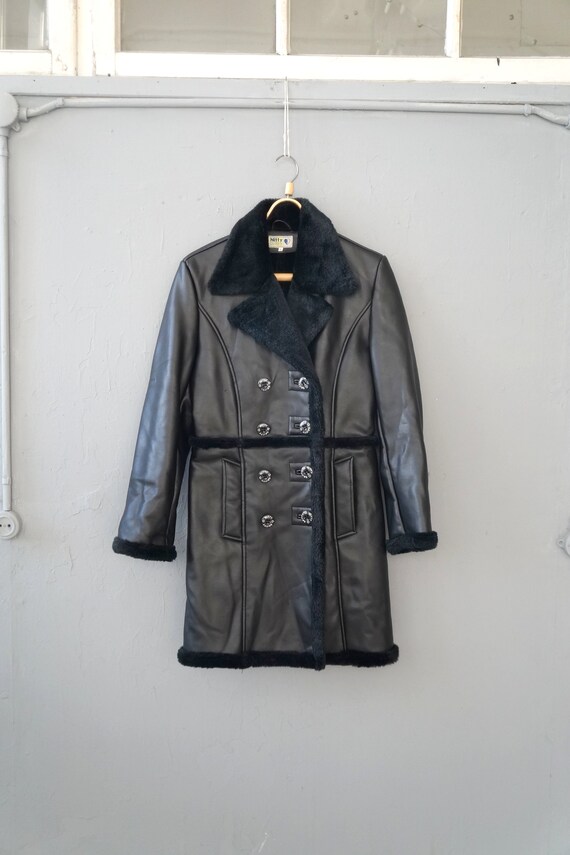 Vintage 90s Black Faux Leather Coat Faux Leather … - image 3