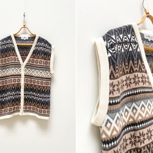 Vintage 90s Nordic Vest Womens Wool Vest Winter Waistcoat XL Striped Winter Vest Scandinavian Vest Brown Wool Vest Women Knitted Vest XL