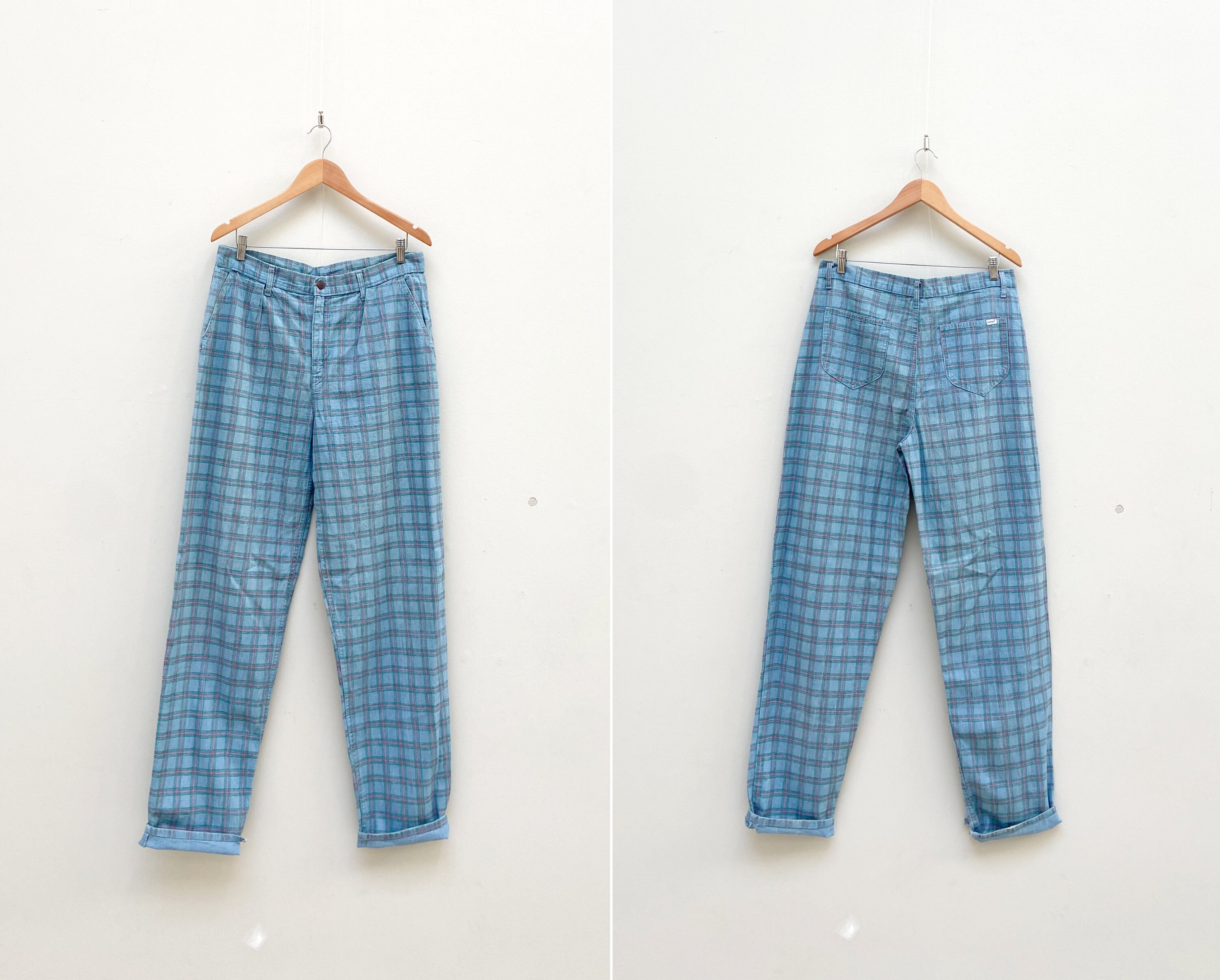 Vintage 90s Blue Check Pants Mens Blue 