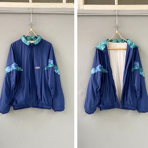 Vintage 80s Blue Windbreaker Blue Aqua Track Jacket Abstract Windbreaker Blue Sport Jacket Blue Track Suit Jacket XL Mens Sports Jacket XL