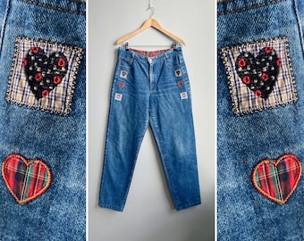 Vintage 90s Heart Patch Jeans: High Waist Pop Art Denim (W32)