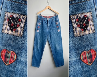 Vintage 90s Heart Jeans Heart Patches Jeans Womens Blue Jeans High Waist 32 Pop Art Jeans Christmas Jeans Heart Pants M Women Medium Pants