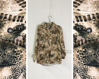 Bluzka sztruksowa z nadrukiem w panterkę w stylu vintage, zapinana na guziki, rozmiar L