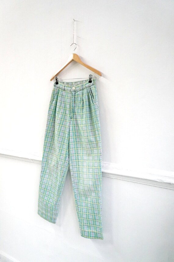 Vintage 90s Plaid Pants Pleated Pants W29 Green P… - image 3