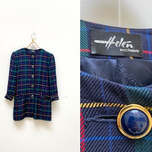 Vintage 80s Helen Blazer Women Wool Tartan Blazer Long Wool Blazer Navy Blue Plaid Blazer Tartan Wool Jacket Tartan Blazer Jacket Medium