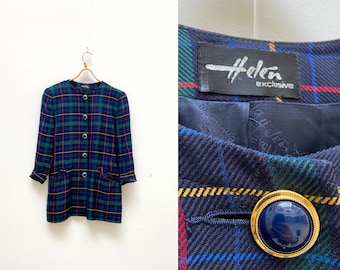 Vintage 80-tals ullkavaj - Helen Exklusiv marinblå rutig jacka medium