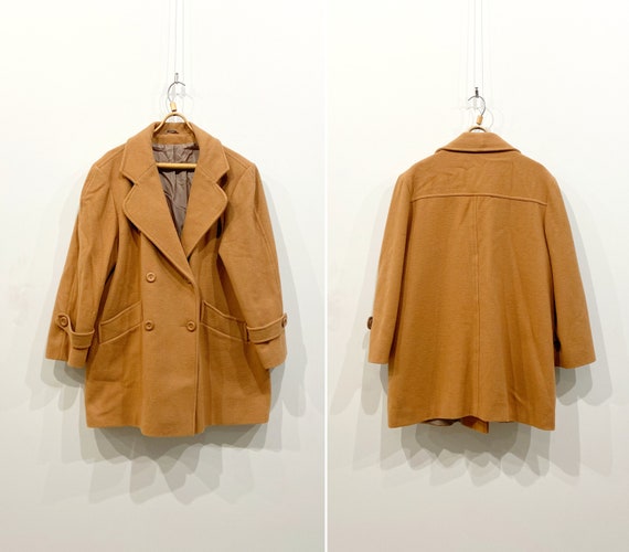 Vintage 90s Camel Brown Wool Coat: Womens L-XL Midi Overcoat