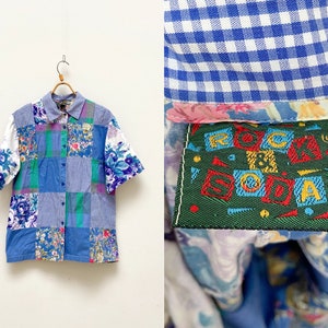 Vintage 90s Rock & Soda Shirt Blue Floral Shirt Women Checked Shirt Women Floral Shirt Short Sleeve Shirt M L Blue Summer Shirt Women Blouse
