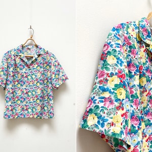 Vintage 90s Floral Blouse Flower Print Top L Women Floral Top Patterned Top L Collared Summer Top Rose Print Top 80s Summer Top Floral Shirt
