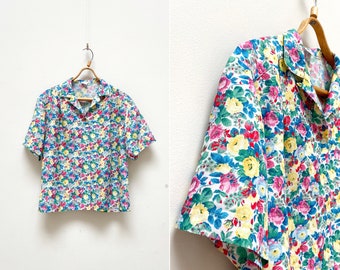 Vintage 90s Floral Blouse: Women's Summer Rose Print Top L
