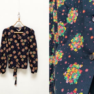 Vintage 90s Black Floral Blouse Womens Floral Blouse M Floewer Print Top Longsleeve Blouse Black Floral Top Women Floral Top Patterned Top M