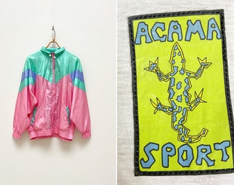 Vintage 90s Pastel Windbreaker Colorful Sports Jacket Womens L Windbreaker Nylon Wind Jacket Color Block Track Jacket Multicolour Jacket L