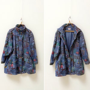 Vintage 90s Abstract Coat Women Abstract Coat Purple Blue Windbreaker L Women Parka Coat Patterned Jacket Large Patterned Parka Blue Coat L