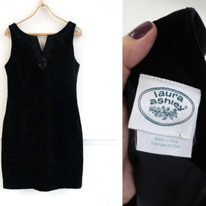 Vintage 90s Laura Ashley Dress Black Mini Dress Velvet Mini Dress Embroidered Mini Dress Womens Black Dress M Black Velvet Dress Medium