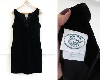 Vintage 90s Laura Ashley Dress Black Mini Dress Velvet Mini Dress Embroidered Mini Dress Womens Black Dress M Black Velvet Dress Medium