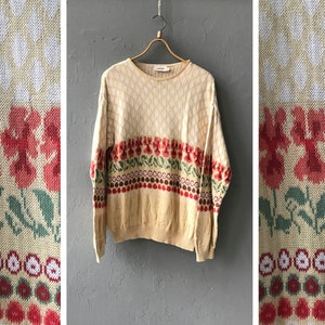 Vintage 90s Yellow Sweater Womens Floral Sweater L Light Yellow Pullover L Colorful Sweater Patterned Jumper Yellow White Red Sweater L