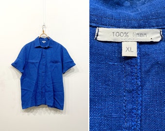 Vintage Blue Linen Shirt 100 % Linen Top Women Linen Blouse Blue Linen Top Mens Linen Shirt Blue Summer Top XL