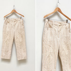 Vintage 90s Plaid Pants Women Check Pants Beige Checked Trousers Women Beige Trousers W30 Beige Plaid Pants Women Cropped Plaid Pants