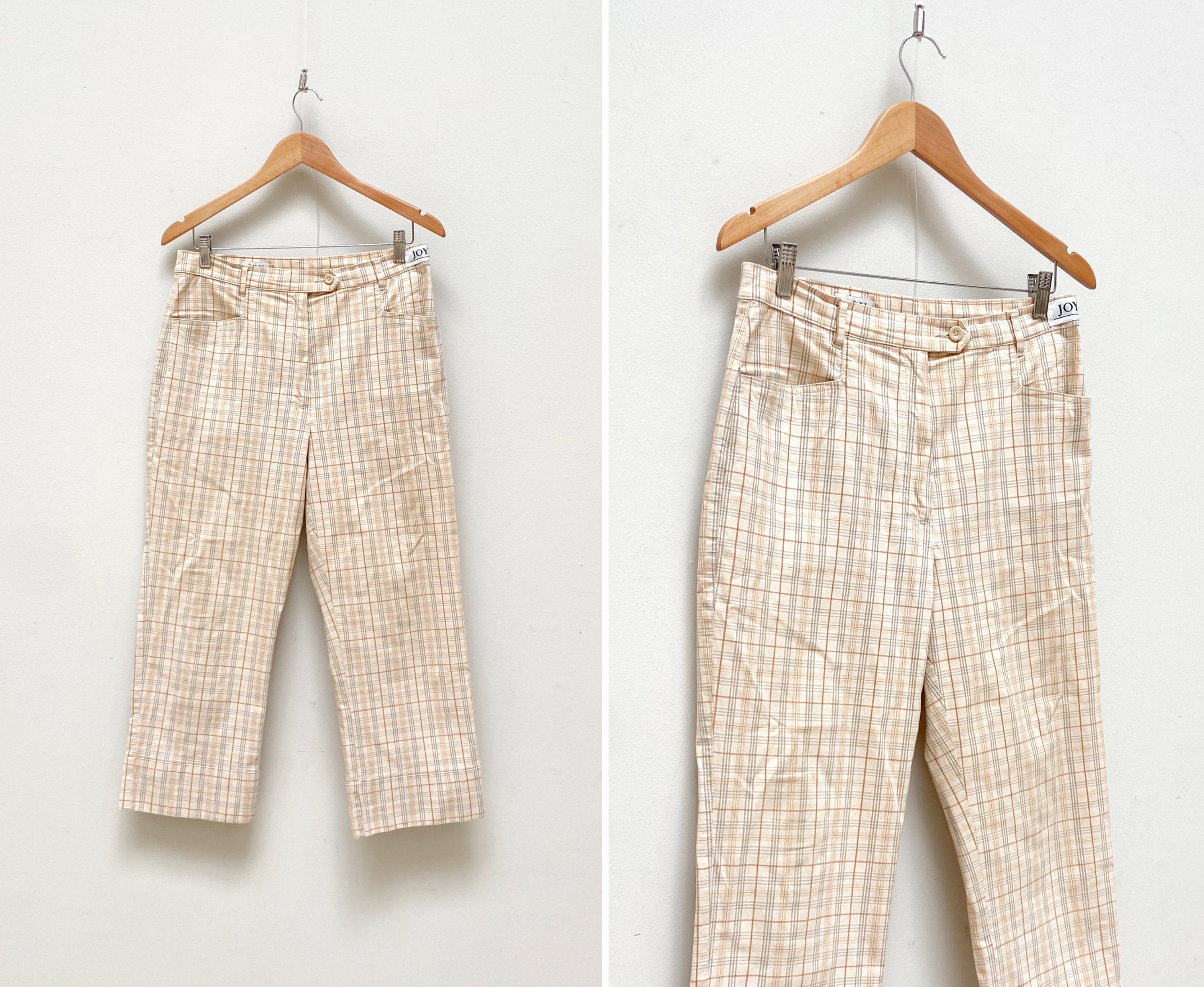 90's Plaid Trousers, Beige and Black Checked Pants, Creased