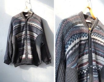 Vintage 90s Wool Blend Bomber Jacket: Striped Oversize Cardigan (XL)