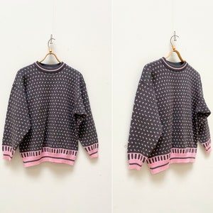 Vintage 90s Patterned Sweater Pink Gray Wool Sweater Knitted Winter Jumper Pink Wool Pullover Women Pink Sweater Women Knit Jumper Large
