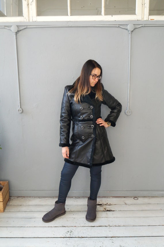 Vintage 90s Black Faux Leather Coat Faux Leather … - image 2