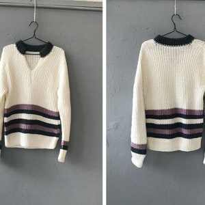 Vintage 90s White Sweater Deep V-neck Jumper Womens Striped Sweater White Purple Sweater Handmade Sweater Striped Pullover Long Sweater M
