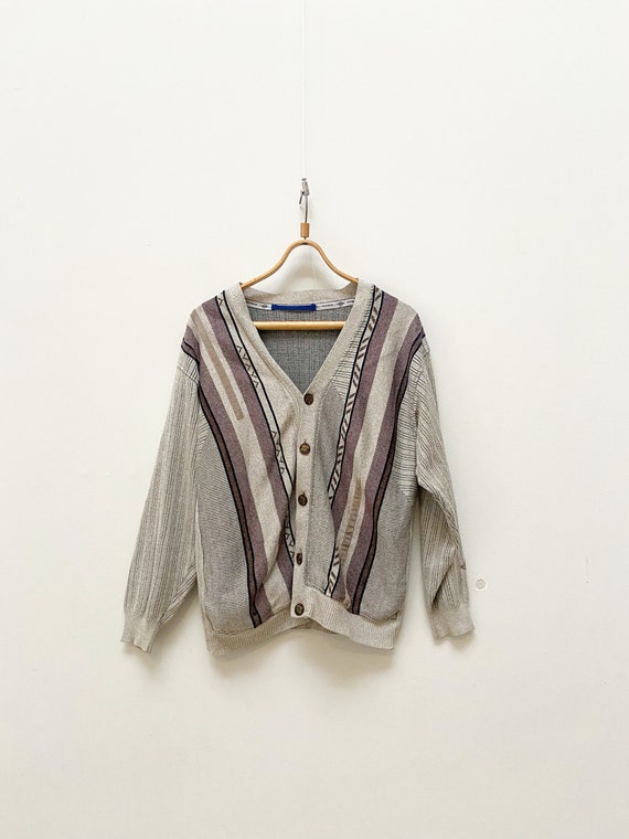 Vintage 90s Mens Cardigan Beige Vertical Striped … - image 2