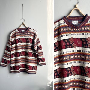 Vintage 90s Floral Sweater Womens L Sweater Lana Wool Floral Jumper Patterned Wool Pullover Striped Sweater Womens Large Sweater Wool Jumper