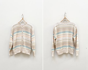 Vintage 90s Striped Knit Cardigan: Pastel Embroidered Jacket