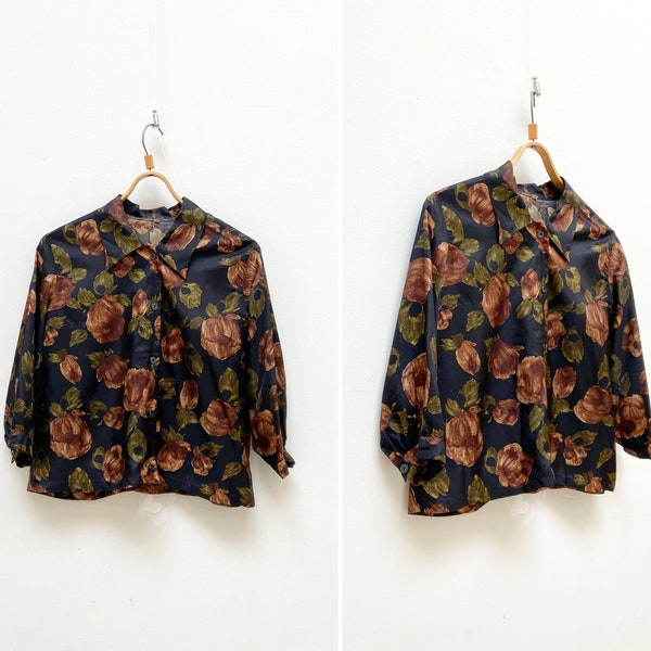 Vintage 90s Floral Blouse Women Brown Floral Blouse L XL Silky Floral Blouse Large Women Patterned Blouse Women Boho Blouse Elegant Blouse