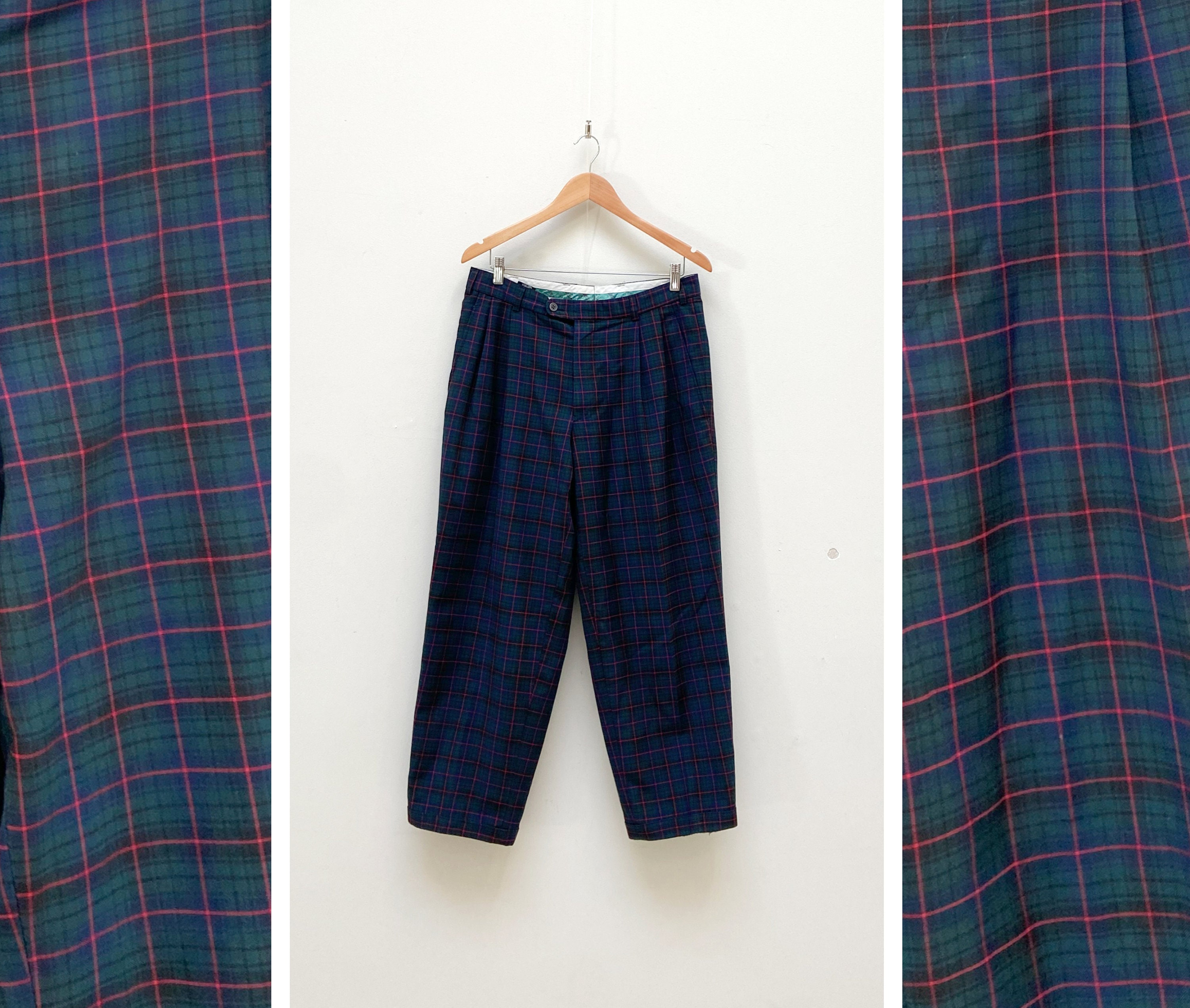 Vintage 90s Check Wool Pants Green Wool 